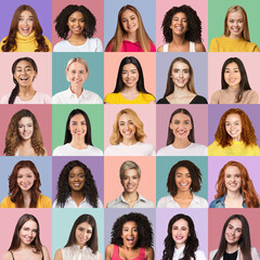 Happy ladies different nationalities and ages on colorful backgrounds, collage