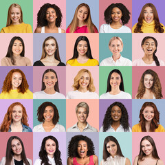 Beautiful multiracial ladies showing white smiles, set of portraits