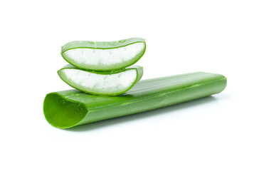 Aloe vera plant with gel and aloevera sliced isolated on white background.