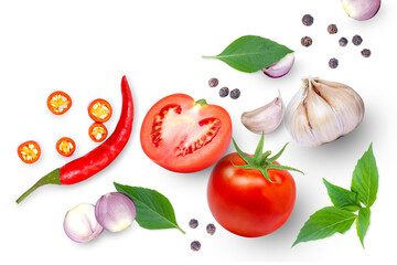 Tomato with basil leaves, garlic, onion, chili and black pepper isolated on white background. Top view. Flat lay. Copy space.