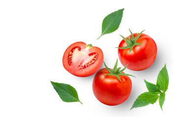Tomato with basil leaves isolated on white background. Top view. Flat lay.