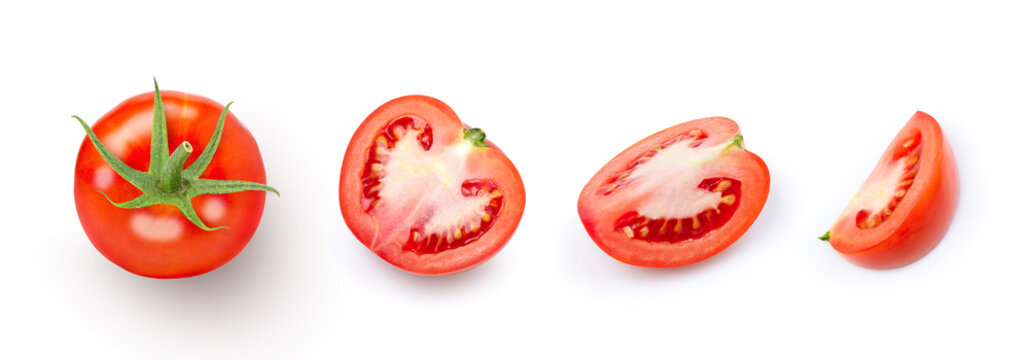 Set of fresh red tomato with cut sliced isolated on white background. Top view. Flat lay.