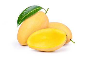 Fresh ripe mango with green leaf and cut in half sliced isolated on white background.