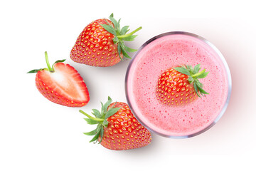 Glass of strawberry smoothie juice or strawberries milkshake isolated on white background. Top...