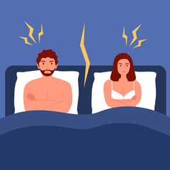 Unhappy couple in bed in flat design. Wife and husband has conflict and get angry.