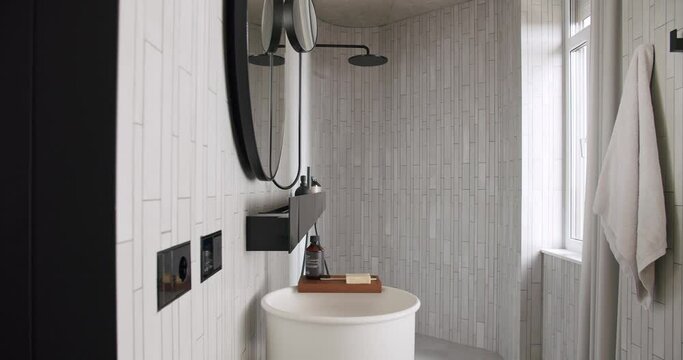 Bathroom Interior, Minimalist Interior In White Colors With Bathroom Accessories