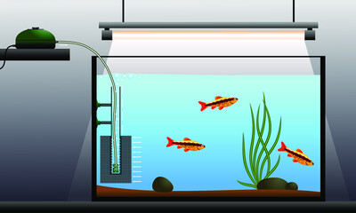 A schematic illustration of an aquarium with fish equipped with an airlift filter.  Vector illustration.
