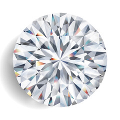 Realistic colorful vector diamond illustration. Top view of a white diamond with light refraction
