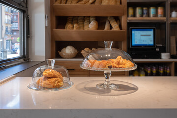 Closeup of croissants rotates in slow motion. Homemade bakery ready to eat