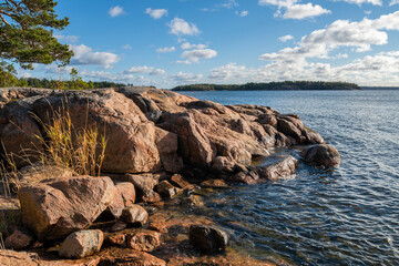 Rocky coastal view and Gulf of Finland, shore and sea, Kopparnas-Klobbacka recreation area, Finland