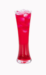 Red nectar in tall glass. Summer sweet iced drink red in glass tall drink, refresh. Red nectar quenches thirst, Water is mixture of red and sugar. Drink and refresh body. isolated on white background