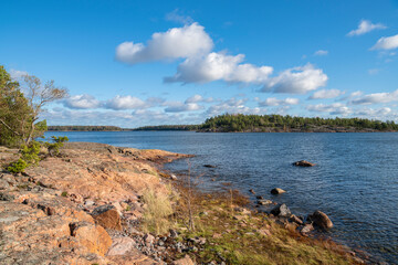 Fototapeta na wymiar Rocky coastal view and Gulf of Finland, shore and sea, Kopparnas-Klobbacka area, Finland