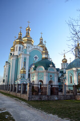 Fototapeta na wymiar Russian Orthodox Church in residential area in Kiev. Exterior.