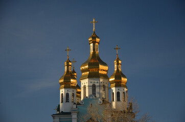 Russian Orthodox Church in residential area in Kiev. Exterior.