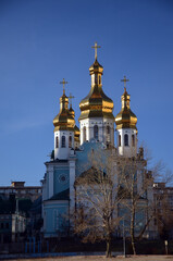 Fototapeta na wymiar Russian Orthodox Church in residential area in Kiev. Exterior.