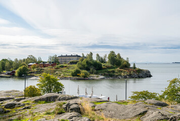 Fototapeta na wymiar View from The Kaivopuisto park to Harakka island and Gulf of Finland, Helsinki, Finland