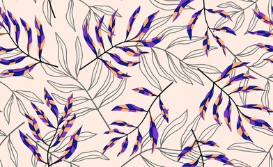 Hand drawn tropical leaves with seamless pattern. 