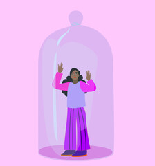 young woman under a cheese bell displaying loneliness, isolation and separation from others due to chronic illness