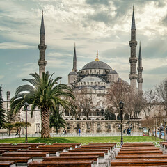 Fototapeta na wymiar Istanbul, Turkey - January 12, 2013: Sultan Ahmed Mosque, in Turkish Sultan Ahmet Camii, also known as the Blue Mosque, is an Ottoman-era historical imperial mosque