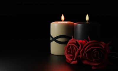 Flame candles on black background with red roses. Funeral memorial poster. Mourning picture with place for text. 3D Render