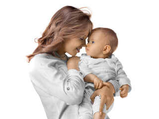 Happy mom holds her baby in her arms. Isolated on white.
