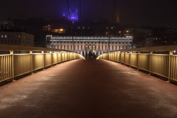 Traversant la Saône à Lyon , la passerelle du Palais de Justice relie le quai des Célestins au  quai Romain Rolland pour déboucher devant le Palais de Justice avec derrière la colline de Fourvière