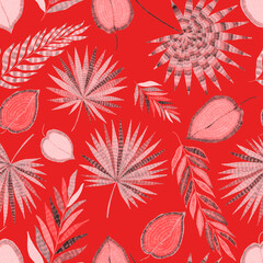 Fototapeta na wymiar Modern abstract seamless pattern with creative colorful tropical leaves. Retro bright summer background. Jungle foliage illustration. Swimwear botanical design. Vintage exotic print. 