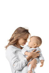 Vertical photo of a happy mother with a baby. They look at each other. Isolated on white.