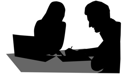 Black silhouette of a meeting or conversation between a man and woman, male and female signing documents