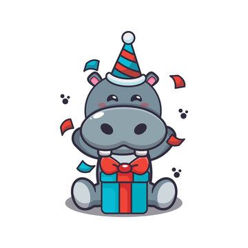Cute hippo in birthday party. Cute cartoon animal illustration.