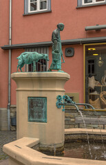 Fountain with sculpture in the historic old town, Kronberg im Taunus, Germany