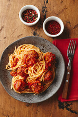 Spaghetti pasta with meatballs and tomato sauce. Delicious homemade spaghetti meatballs