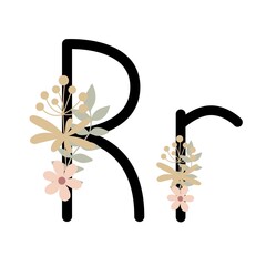 Letter R of English, Latin alphabet uppercase, lowercase decorated with flowers, floral monogram vector illustration in simple boho style, flat pastel colored decorative lettering