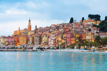 Fototapeta Menton on the French Riviera, named the Coast Azur, located in the South of France at sunrise obraz