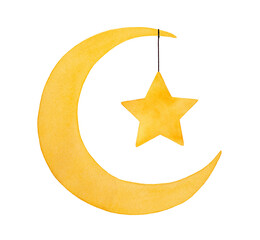Watercolour illustration of hanging golden star and crescent moon silhouette. Hand painted graphic drawing, cut out clip art element for design decoration, greeting card, print, banner, poster.
