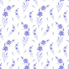 Fototapeta na wymiar Watercolor seamless floral monochrome pattern. Pattern with chicory flowers. Monochrome branches of chicory. Design for fabric, wrapping paper, stationery.