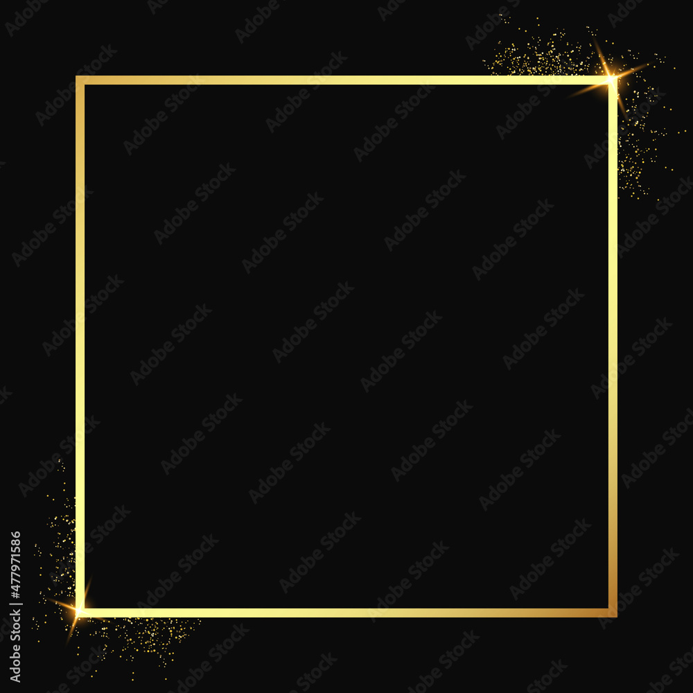 Wall mural Black background with gold frame, sparkling stars and glitter effect. Suitable for banners, posters, social media posts. Vector illustration. - Wall murals