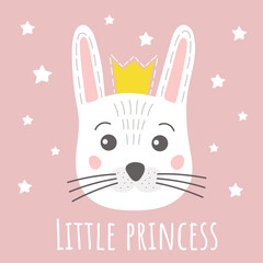 Cute bunny little princess on pink background in trendy scandinavian stile. Vector illustration for baby girl card, kids clothes and t-shirts, print on the wall, nursery room. Funny childish style.