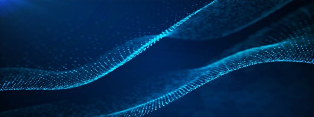  Abstract blue background. Design 3d wave, spiral, DNA. Pattern of circles, dots. Neon glow. Bright stars. Blurring of particles. Outer space, matter. Milky Way. Poster technology, medicine, business. © Olga