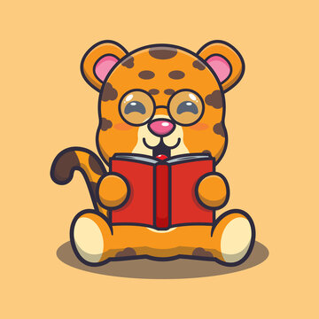 Cute leopard reading a book. Cute cartoon animal illustration.