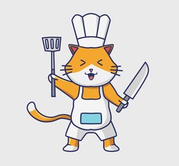 cute cat chef holding spatula and knife. cartoon animal job concept Isolated illustration. Flat Style suitable for Sticker Icon Design Premium Logo vector. Mascot character