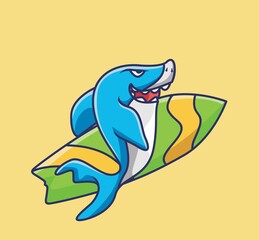 Naklejka premium cute baby shark surfboard. cartoon animal travel holiday vacation summer concept Isolated illustration. Flat Style suitable for Sticker Icon Design Premium Logo vector. Mascot Character