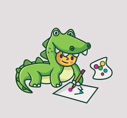Cute baby crocodile drawing a mountain. cartoon animal hobby concept Isolated illustration. Flat Style suitable for Sticker Icon Design Premium Logo vector. Mascot character