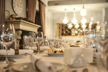 photo of a table in a restaurant with plates, wine glasses, knife and fork..