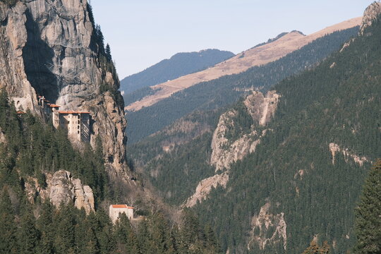 Sumela monastery, wide angle photo from hill, local name is sumela manastiri and ancient church