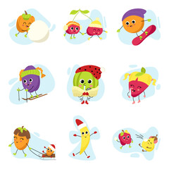 Fototapeta na wymiar Big set of fruit characters. Fruits, berries and vegetables on winter vacation. Collection of mascots for snow resorts, Christmas and New Year promotions. Active recreation in the fresh air.