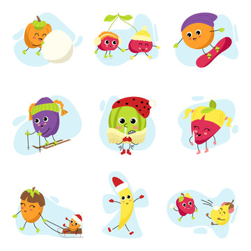 Big set of fruit characters. Fruits, berries and vegetables on winter vacation. Collection of mascots for snow resorts, Christmas and New Year promotions. Active recreation in the fresh air.