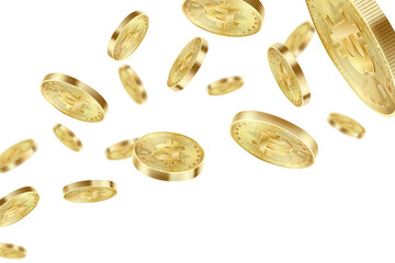 Bitcoin coins flying isolated on a white background. Bitcoin virtual cryptocurrency explosion. Realistic 3d Vector illustration.