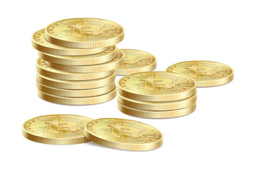 Golden bitcoin background. Bitcoin Icon for cryptocurrency, virtual currency, digital money, e cash. Bitcoin symbol for fintech network banking and blockchain. Realistic Vector 3d illustration