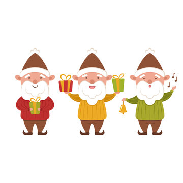 Set of little Christmas gnomes. Festive winter mascot characters. Elves with gifts. Caroler with a bell. Bright isolated flat illustration for New Year greeting cards, design of holiday banners.